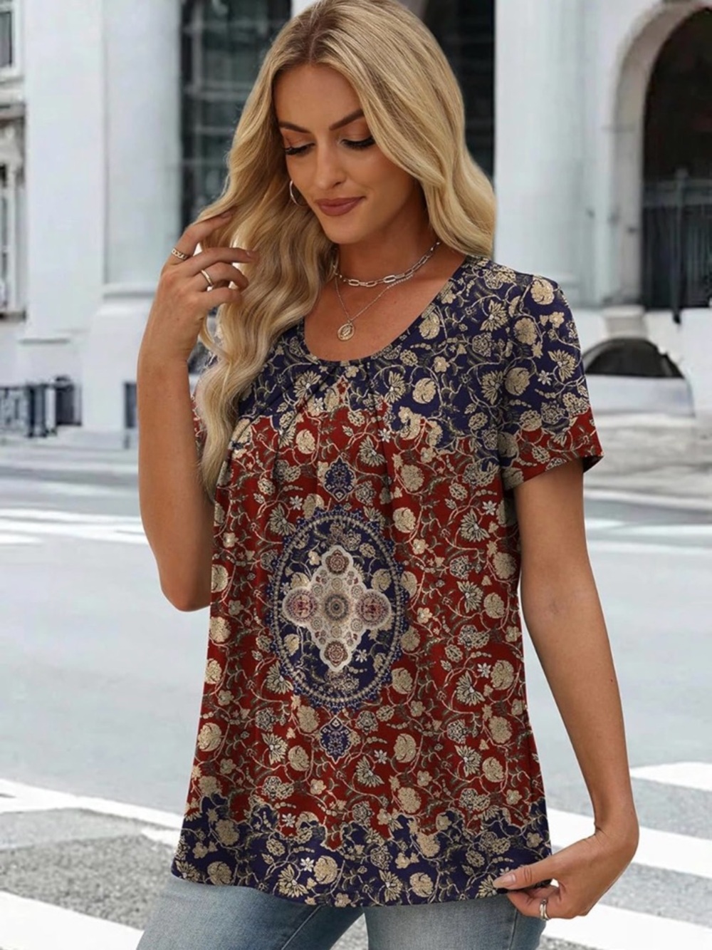 Boho Floral Medallion Short Sleeve Top - Red & Navy - Picture 3 of 5
